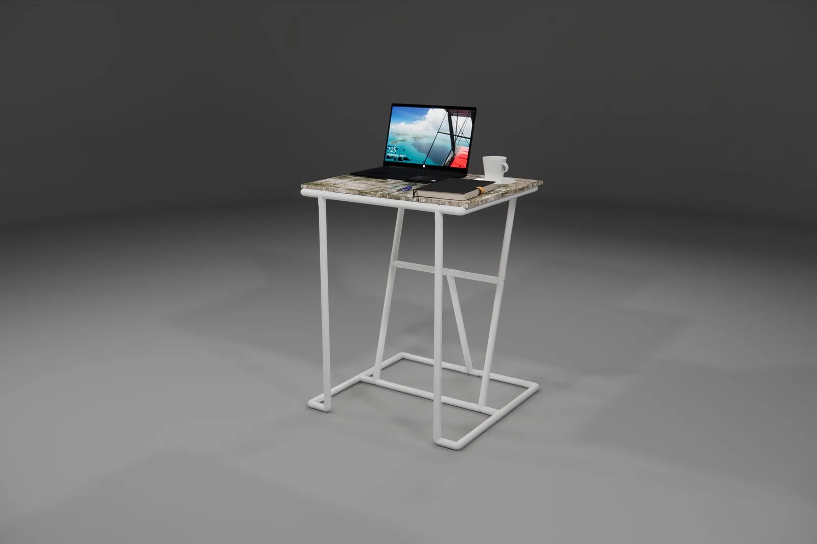 ধূসর পটভূমিতে ছোট ডেস্কের উপর খোলা laptop, notebook ও coffee cup