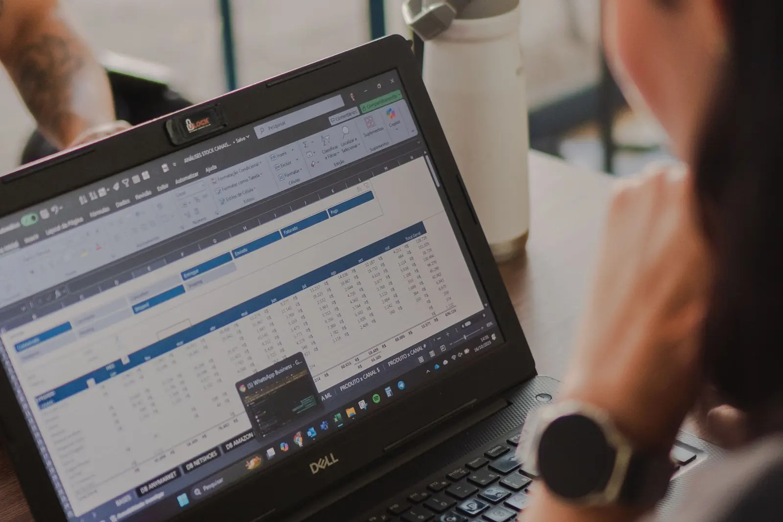 একজন laptop screen-এ spreadsheet-এর row ও column দেখছেন